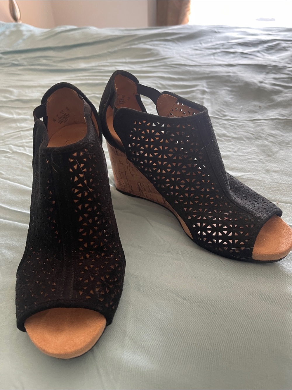 Life Stride Black Laser-Cut Peep-Toe Wedge Sandals